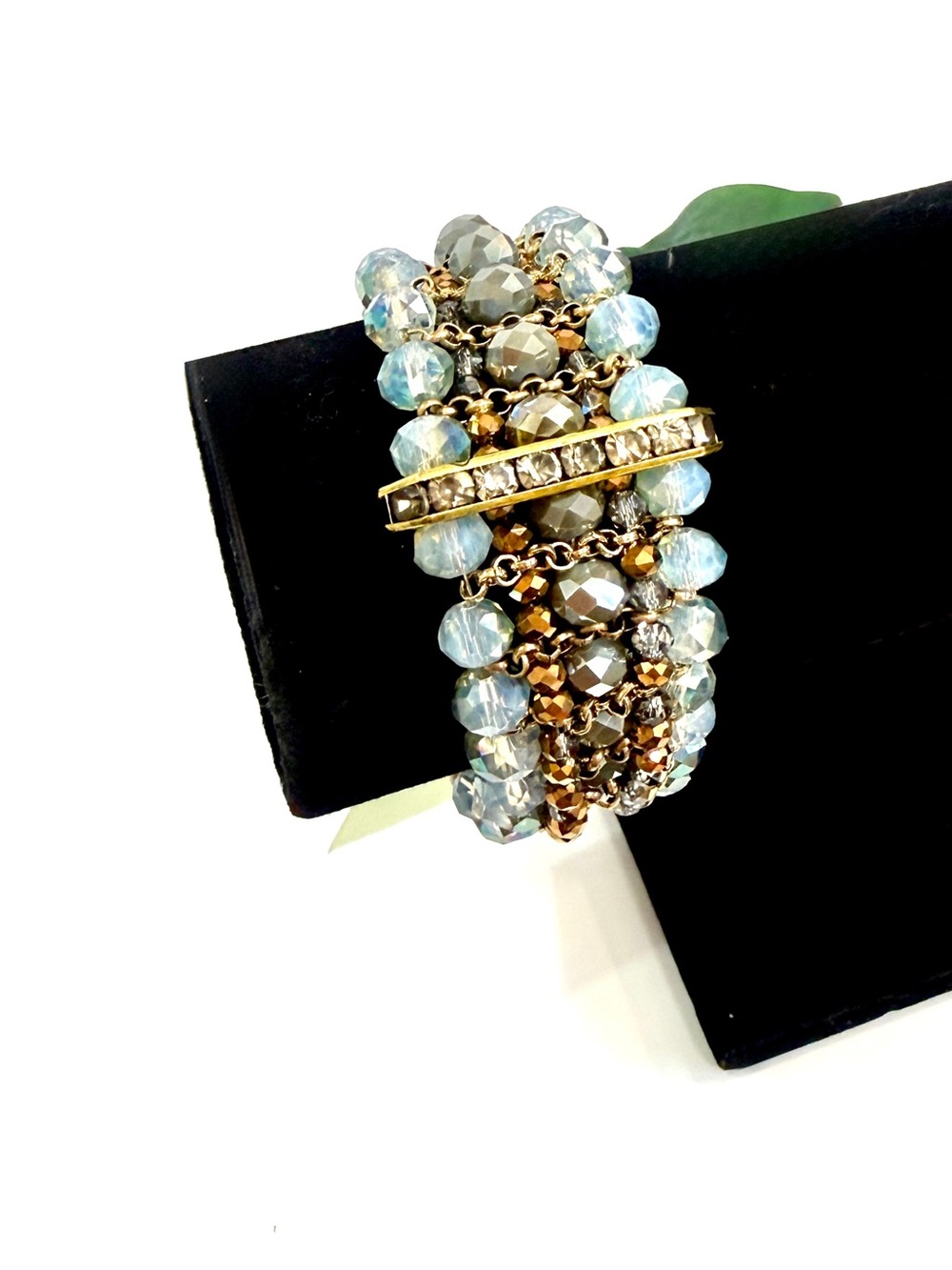 Leslie Danzis Beaded Statement Bracelet Blue Gray Gold Crystal NWT